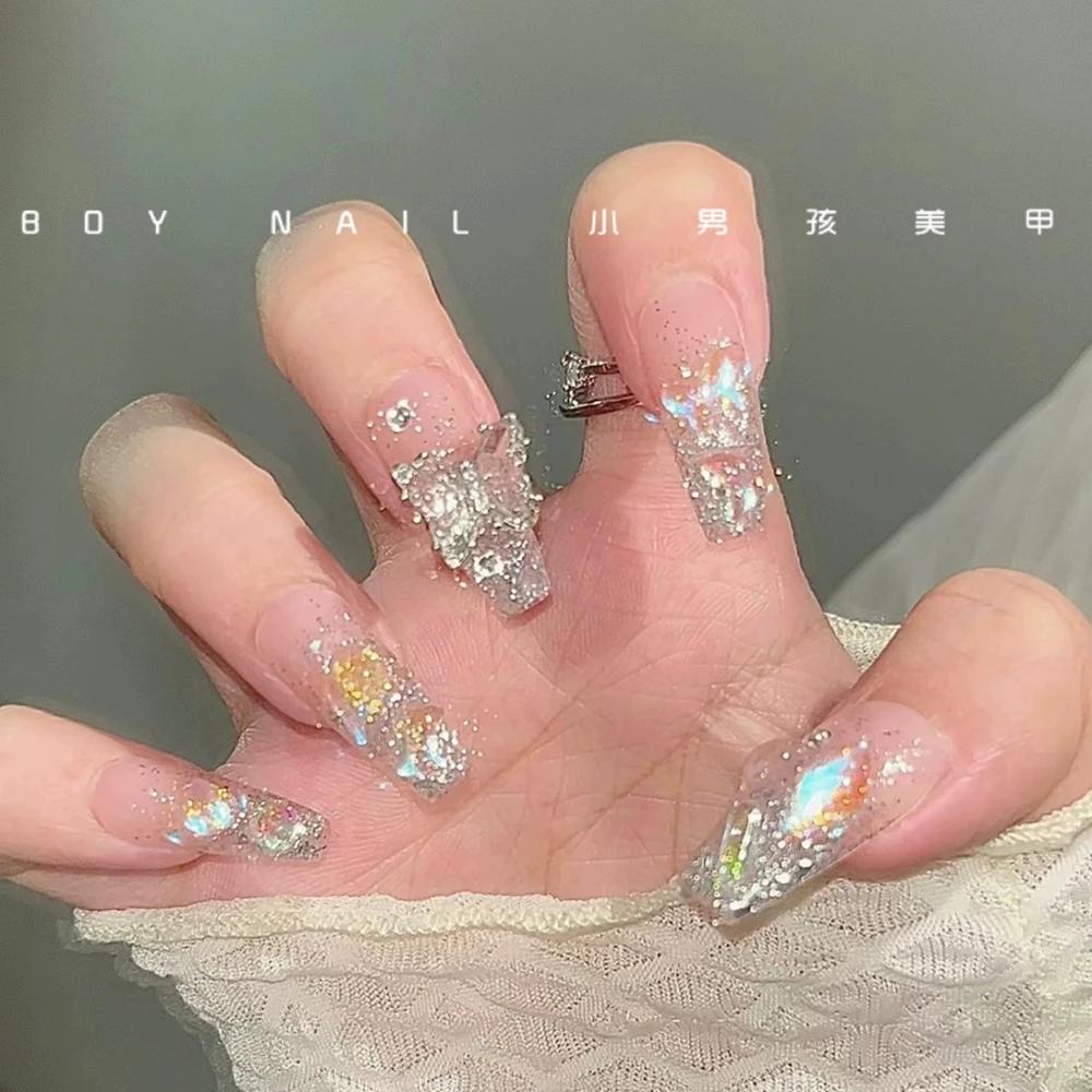10Pcs Luxury 3D Rhinestone Handmade Transparent Press On Nails Shiny Long Coffin Reusable Full Cover Nail Art Gift