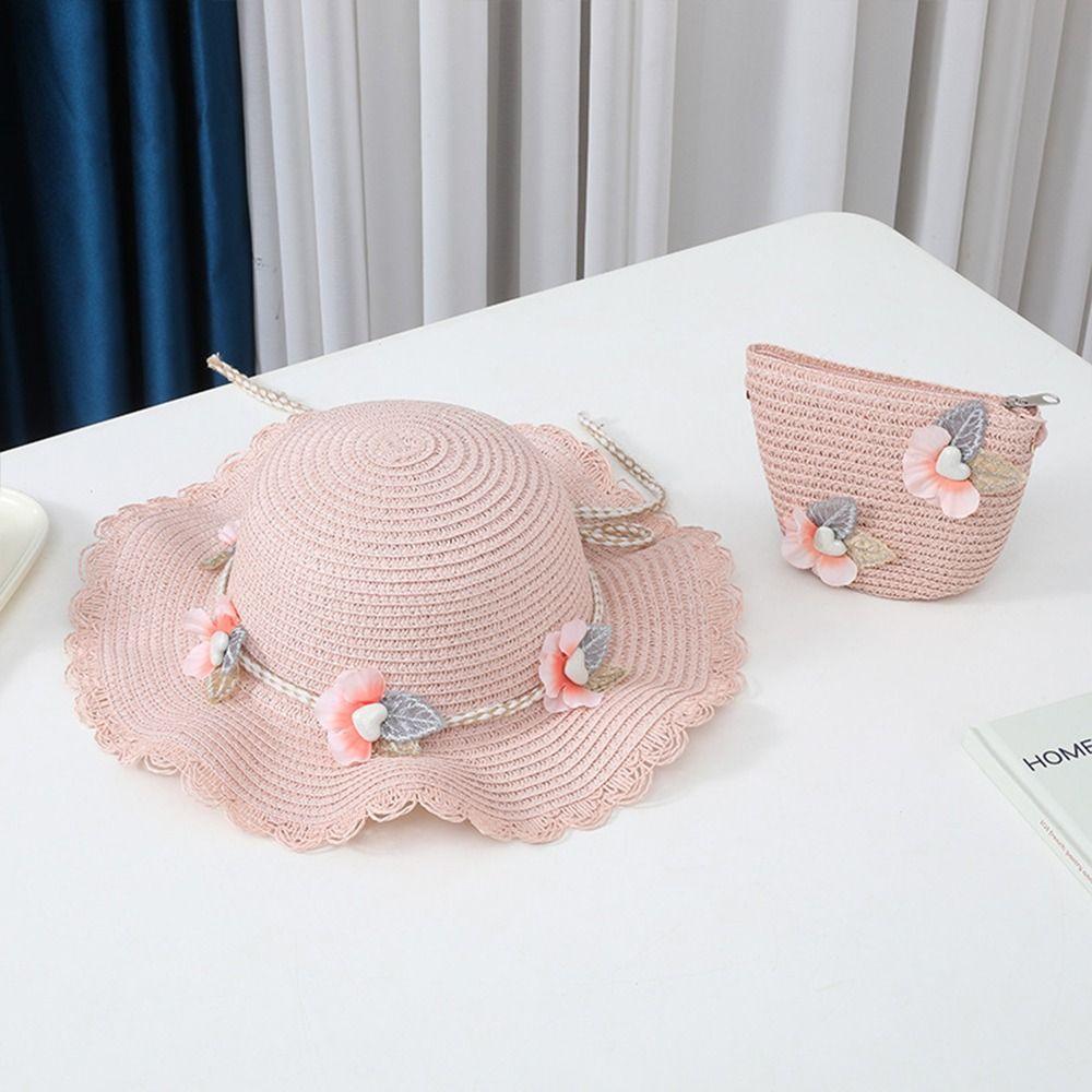 2Pcs/Set Sun Hat Children Beach Hats Set Wide Brim Straw Wide Hat New Straw Hat Beach Bag Set Party