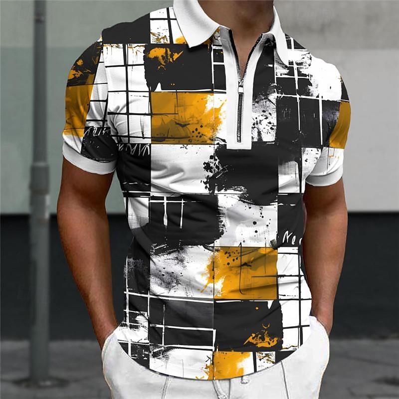 Мужская рубашка-поло, повседневная рубашка на молнии с коротким рукавом, модная повседневная рубашка на молнии на лето и весну, стандартная посадка, синяя рубашка с 3D квадратным принтом