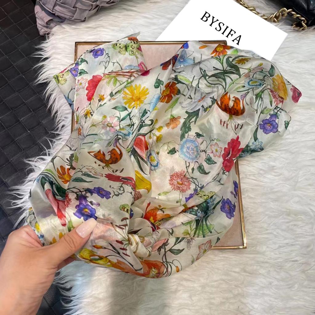 Белый 100% Шелковый Шарф Женские Шарфы Bufandas Летние Пляжные Шали Foulard Осень Зима Цветочный Дизайн Длинные Шарфы на Шею Хиджабы