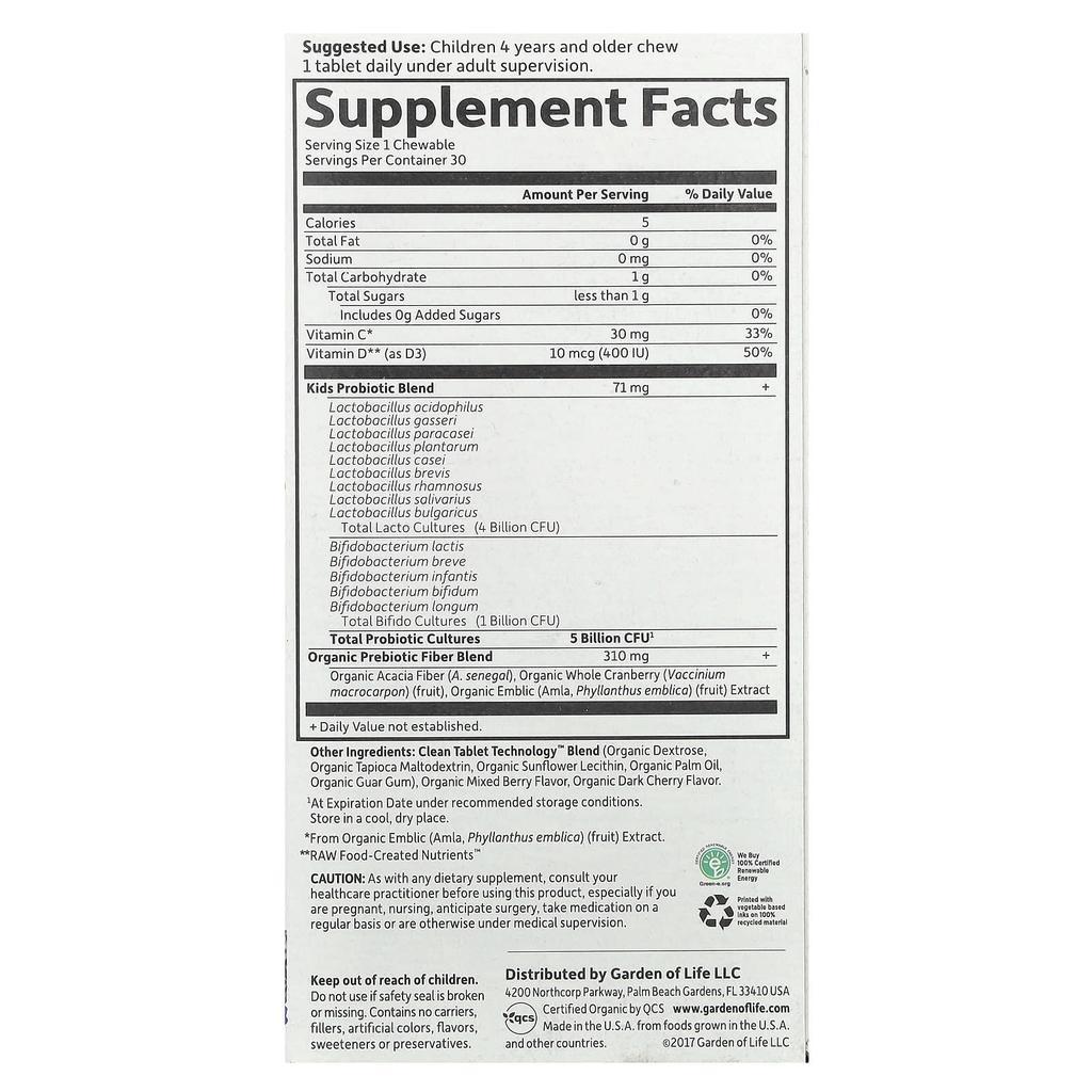 Dr. Formulated Probiotics, Organic Kids +, Delicious Organic Berry Cherry, 30 Chewable Tablets