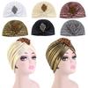 Women Top Hat Rhombus Rhinestones Decor Pleated Turban Hat Golden Plated Embellished Hat Elastic Design Headwear