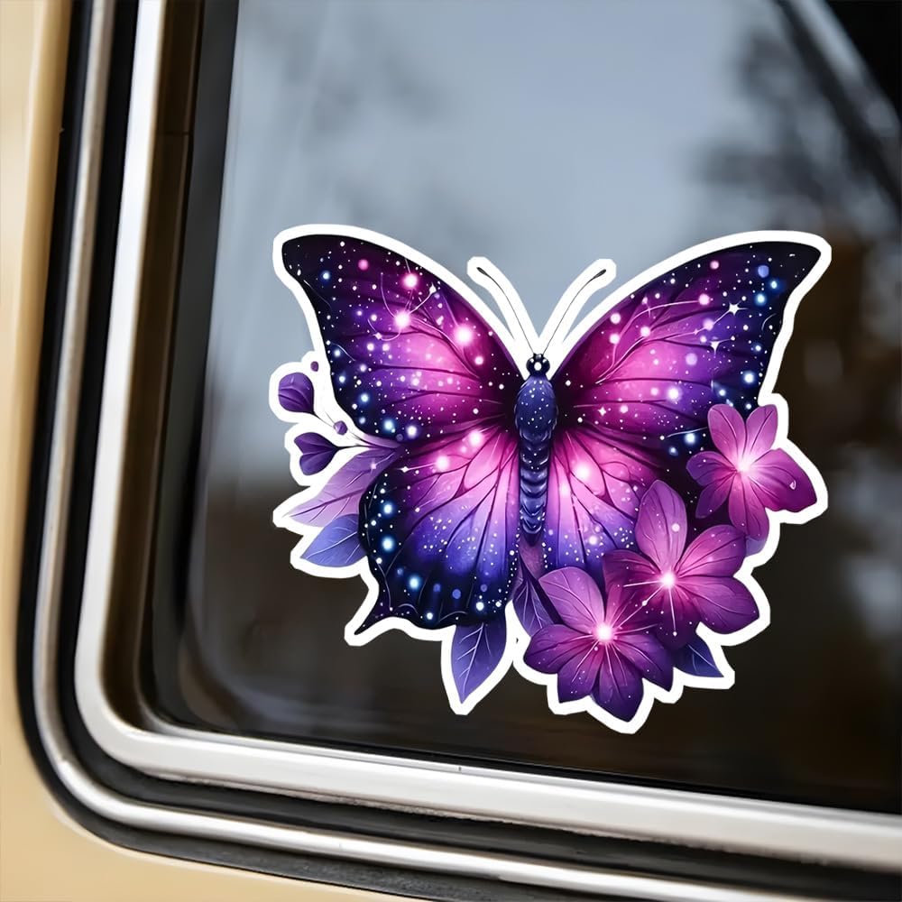 2pc Vibrant Purple Butterfly and Floral Decal, 5.12''x4.13'' Vinyl Self-Adhesive Sticker for Car, Truck, Motorcycle, Laptop - Animal Themed Design,