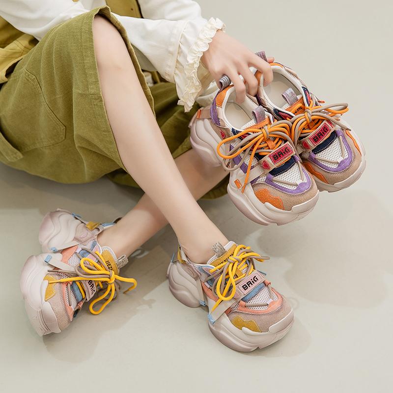 Spring new color blocking breathable mesh casual sponge cake and dad shoes fashionable and versatile height increasing women's shoes