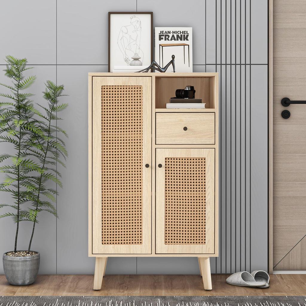 Chest of Drawers Doors, Drawers, Open Storage Compartments, Modern Highboard Made of Wood Rattan Doors, Bedroom, Living Rooms, Office, Oak, 60x40x101cm