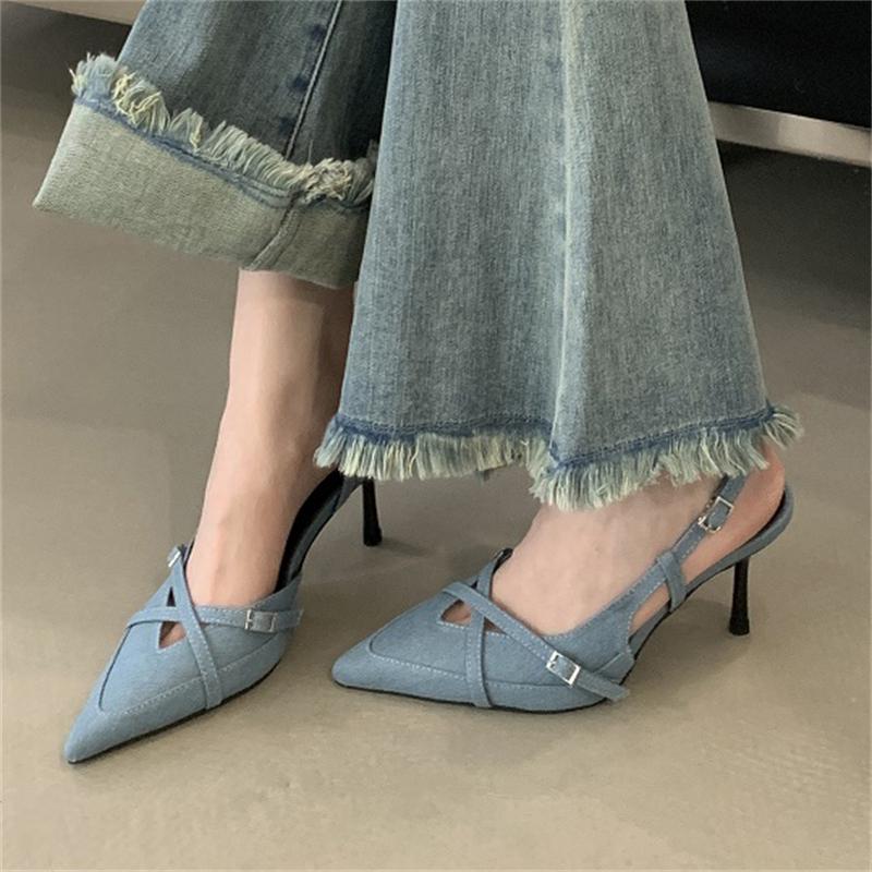 Eilyken Уличный стиль Сексуальные женские туфли-лодочки с пряжкой на ремешке Элегантные туфли с острым носком на тонком высоком каблуке для банкета и вечеринки Туфли с открытой пяткой