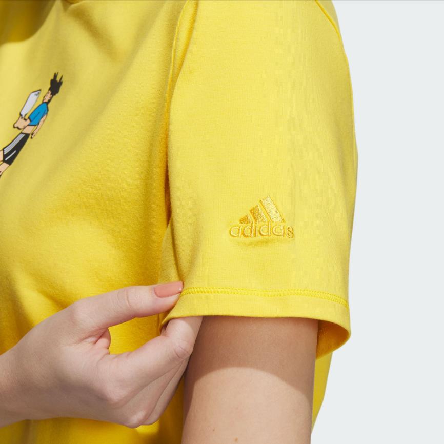Adidas Футболка с графическим принтом и вышитым логотипом, короткая футболка с круглым вырезом, женские топы, цвет желтый HY2821
