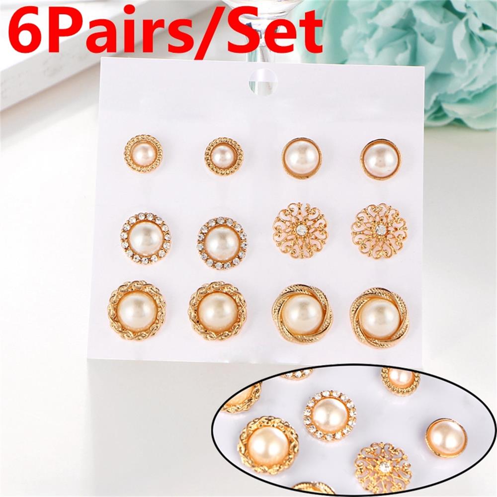 6Pairs/Set Women Round Hoop Jewelry Zircon Pearl Ear Stud Embroidery Rose Drop Dangle Earrings