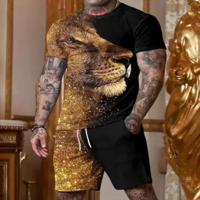 New Light Luxury Men's T-shirt Shorts Set Personalized Lion Tiger Pattern Colorful Mushroom Pattern Fashion Custom Men's Leisure