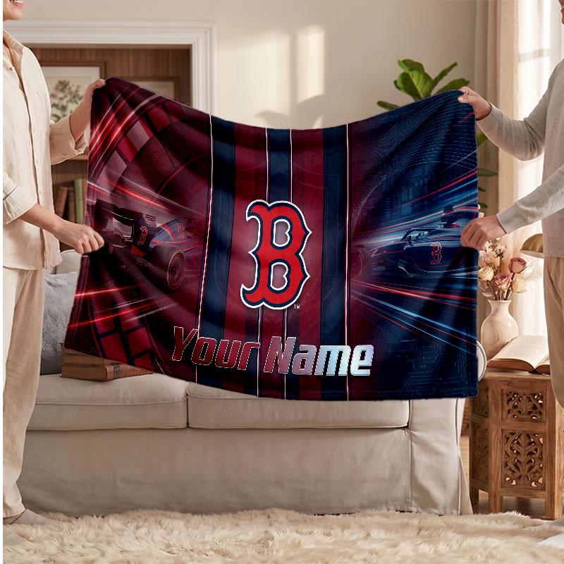 Boston Red Sox Flannel Blanket, Custom Name Text Personalized Soft Throw Blanket Home Decor Gift