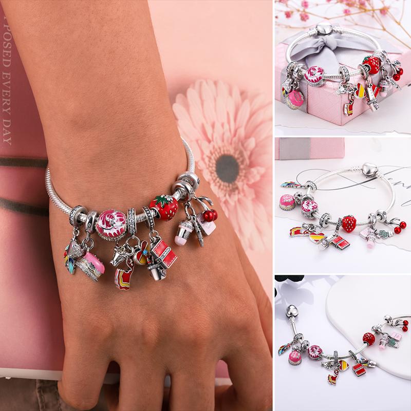 2023 New Pink Flowers Unicorn Flower Heart Mama Forever Love Beads Fit Original Fasion Glamour 925 Silver Bracelet Jewelry