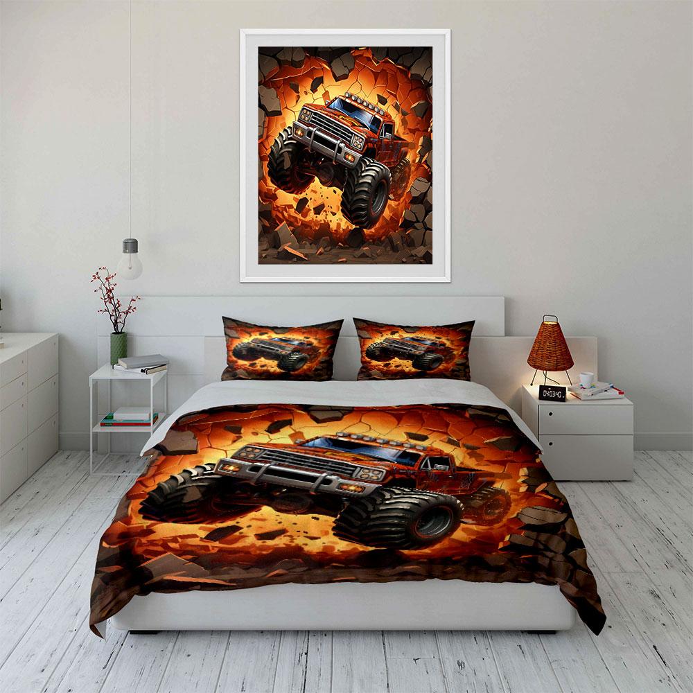 Monster Truck Three-Piece Set Decor Soft Skin-Friendly Bedding Set Includes 1 Duvet Cover And 2 Pillowcase Gift