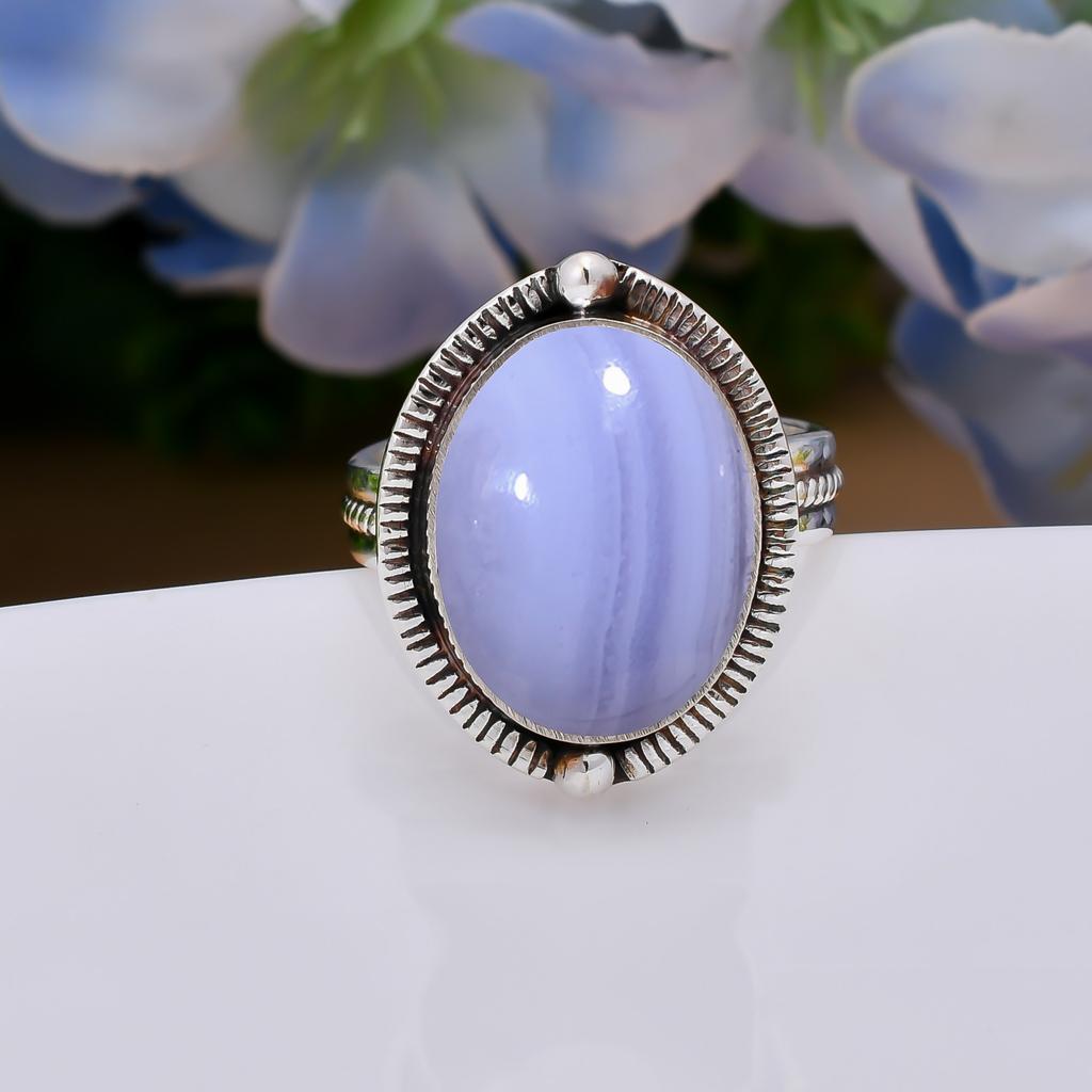 Blue Lace Agate - Namibia 925 Sterling Silver Ring V5082, Blue Ring, Oval Ring, Valentin's Day Gift, Gift For Her, Birthday Gift, Handmade Jewelry, Si
