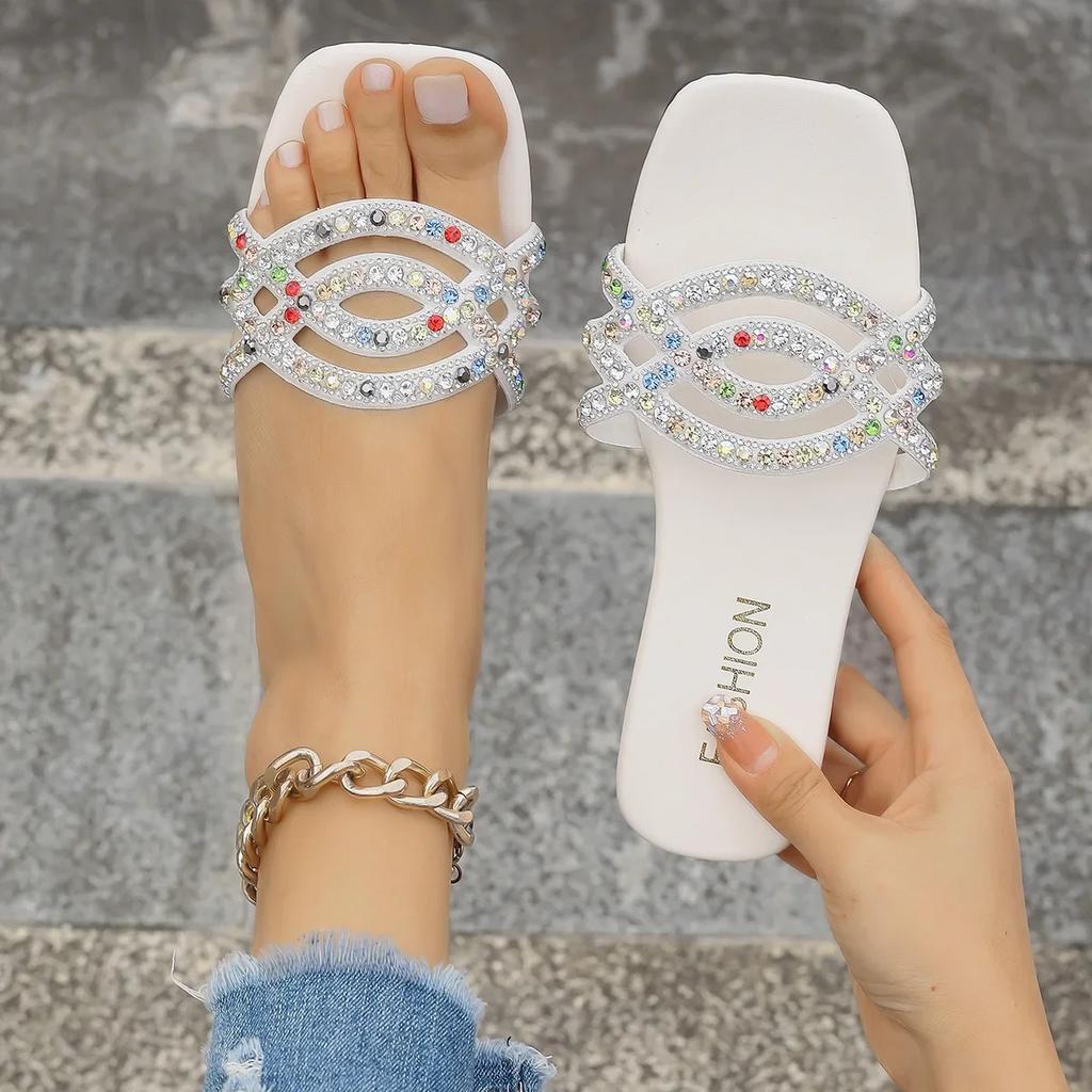 Модные хрустальные римские женские тапочки Модные летние блестящие туфли на плоской подошве Женский комфорт Уличные повседневные сандалии Вечерние тапочки Шлепанцы Женские