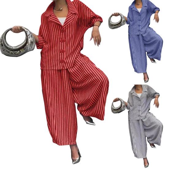 Women's Casual Suit Long-Sleeved Shirt Top Wide-Leg Harem Pant 2-piece Set Autumn Lapel Striped Nine-Point Pant Female Outfit Suit