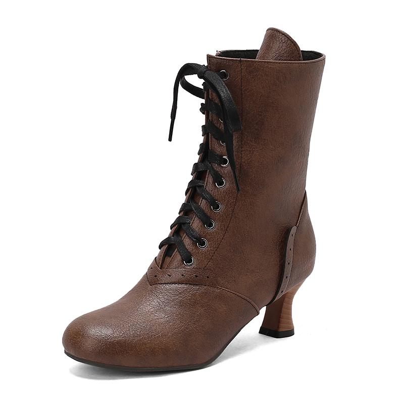Мода 2026 Новые Женские Туфли на Высоком Каблуке со Шнуровкой Странные Ботинки в Стиле Стимпанк Викторианские Ботильоны Женские Ботинки с Острым Носком на Толстой Подошве