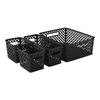 4 Piece Black Decorative Storage Basket Set Durable Plastic Organization Bins with Cut-Out Handles Versatile Home Storage
