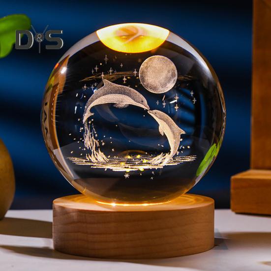 Ночной светильник в виде стеклянного шара с деревянной основой, 7 цветов, удобная в использовании 3D-светильник в виде солнечой системы, хрустальный шар, ночник, настольный декор