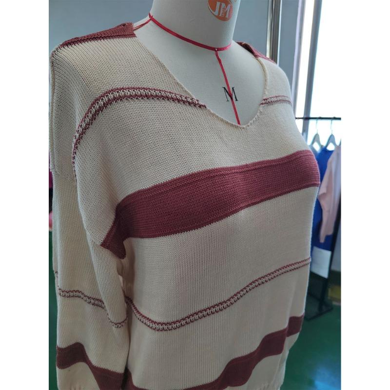 Плюс Размер Нижняя Рубашка Длинный Рукав Трикотаж Женский Осенний Полосатый Пуловер V-образный Вырез Полосатый Свитер