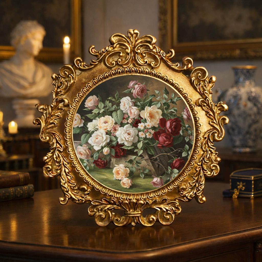 Vintage Frame Round Frame for Picture Embossed Holder Elegantly Table Wall Hanging Decor Small Antique Ornate Gold Frames Gift