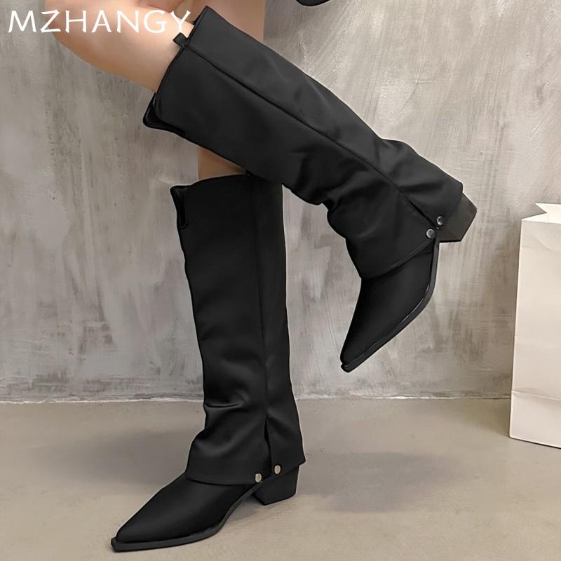 Модные женские кожаные сапоги с острым носком, высокие сапоги до колена на среднем каблуке, женская обувь 2025 года, дизайнерские зимние элегантные мотоциклетные сапоги Mujer