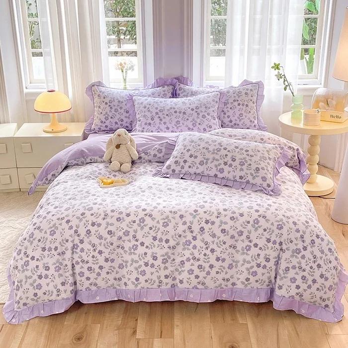 Комплект постельного белья с розовым цветочным принтом, 100% хлопок, корейский стиль, оборка, пододеяльник с 2 наволочками, приятный для кожи комплект постельного белья размера «queen-size»
