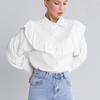 Элегантные повседневные рубашки с воротником-поло с рюшами, весна-осень 2023, однотонная блузка во французском стиле с длинными рукавами, женские топы 26541