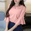 Women's Round Neck Flared 3/4 Sleeve Straight Solid Color Loose Blouse