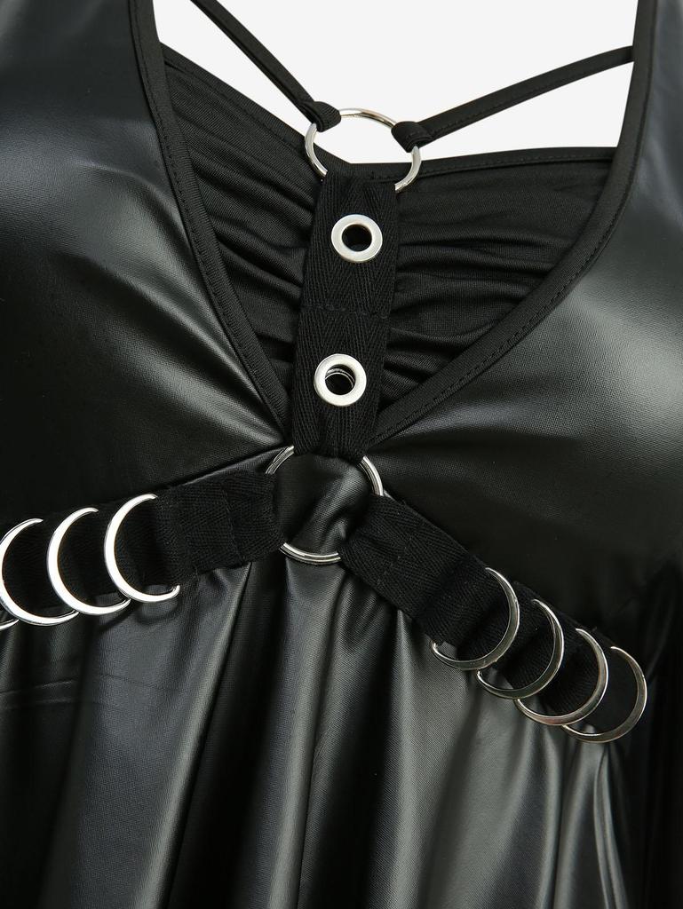 Rosegal Plus Size Flare Sleeves PU Panel Strappy Layered Handkerchief 2 In 1 Top