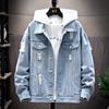Men Denim Jacket Ripped Hole Single Breasted Coats Spliced Outerwear Jackets Pockets Casual Loose Washed Distressed