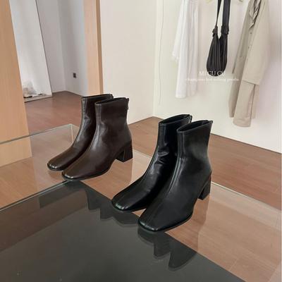 2025 осень и зима новая квадратная голова толстый каблук задняя молния низкий голенище тонкие мартин женские короткие ботинки