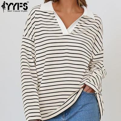 Женская мода повседневная осень-зима полосатый принт длинный рукав V-образный вырез пуловеры и длинные рукава