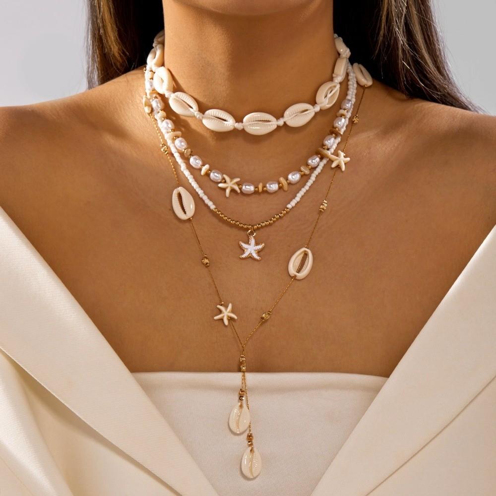 4Pcs/Set Vintage Boho Starfish Pendant Necklace Imitation Pearl Beads Clavicle Chain Multilayer Shell Choker Jewelry