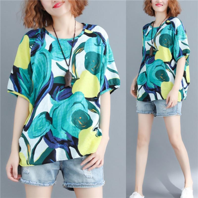 Ретро хлопчатобумажные льняные блузки с принтом женские большие размеры V-образный вырез средняя часть рукава рубашка пуловер весна лето рубашки модный свободный топ