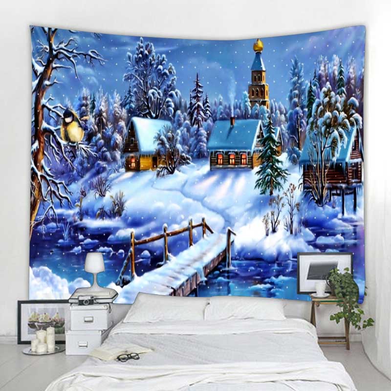 Christmas Tapestry Wall Hanging Santa Claus Christmas Tree Snow Scene Home Holiday Decoration Tapestry Fireplace Christmas Gifts