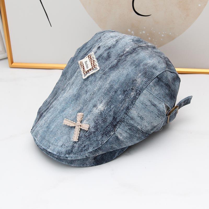 Spring and Autumn Bow Cowboy Forward Hat Female Face Small Beret Retro Washed Old Newsboy Hat Tide