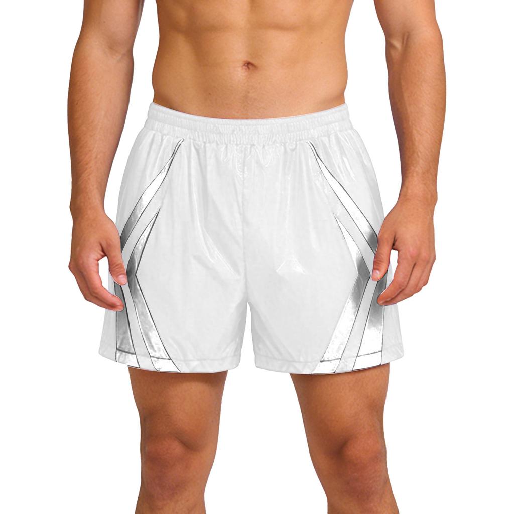 Mens Waterproof Swim Trunks Pockets Color Blocking Stripes Elastic Waistband Athletic Bottoms