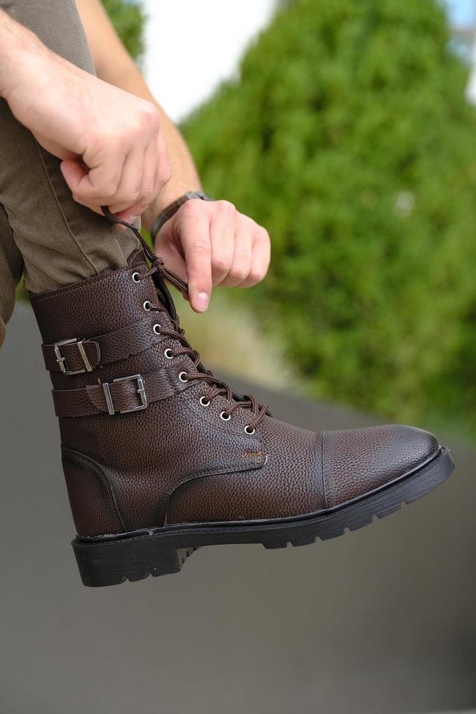 Men's Fashion Faux Leather Flat Heeled Bootie Falcn Benny Double Buckle Belted Boots Boots Shoes