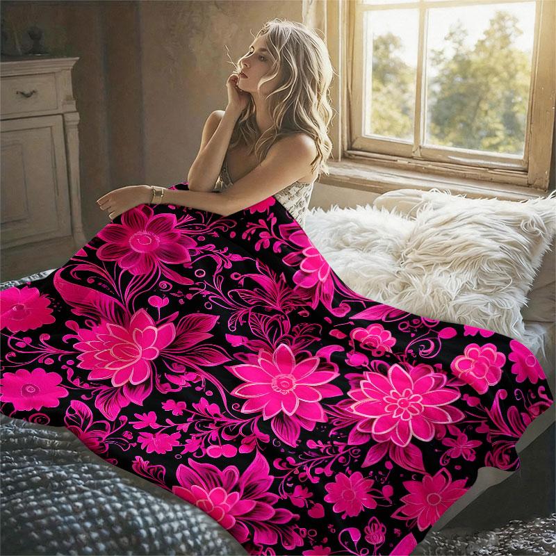 Hot Pink Floral Flannel Blanket Warm Soft Halloween Christmas Decorative Couch Warm Cozy All-Season Gift