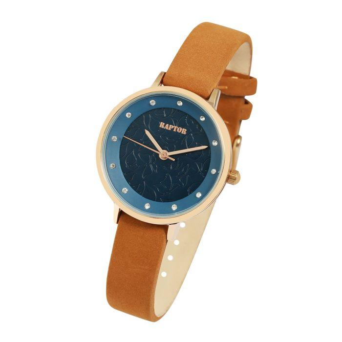 Montre femme - RAPTOR - Crinkle - 32 mm - Cadran bleu - Bracelet cuir marron