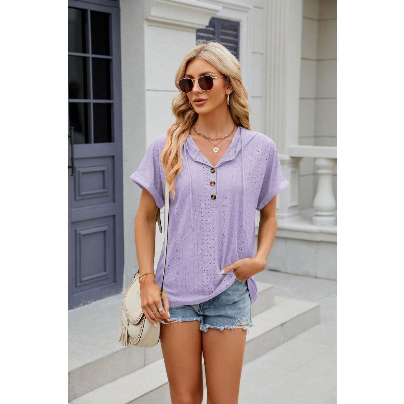 Летняя женская футболка, новая однотонная свободная футболка с короткими рукавами и пуговицами, топ