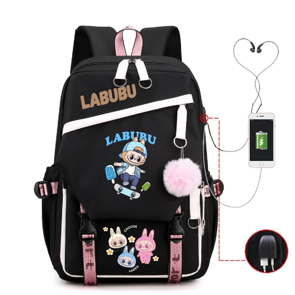 Студенческий школьный рюкзак с принтом Лабубу, многофункциональный, большой вместимости, с USB-портом