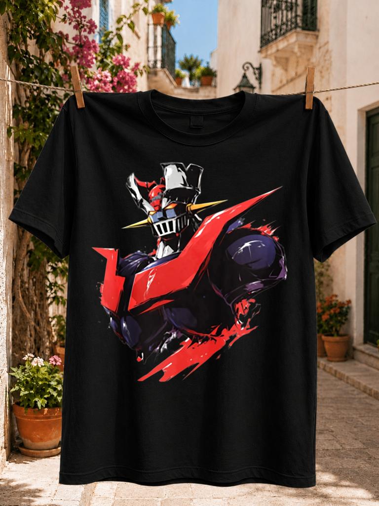 Retro Japanese Super Robot Graphic Red And Purple Armored Mecha In A Dynamic Vintage Anime Action Unisex All Tshirt