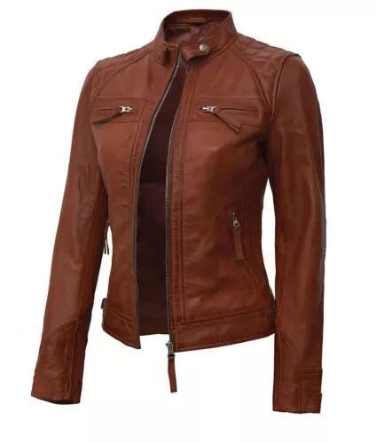 Brown Stylish Women's Leather Jacket Handmade Genuine Lambskin Biker Motorcycle