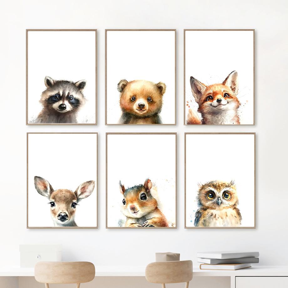 Woodland Owl Fox Deer Bear Raccoon Squirrel Nursery Wall Art Canvas Painting Posters And Prints Modern Baby Kids Bedroom Decor