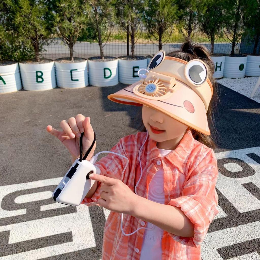 Новая летняя детская шляпа от солнца Перезаряжаемый детский вентилятор Лягушка Большая широкая поля Защита от солнца и дышащая Модная шляпа-цилиндр