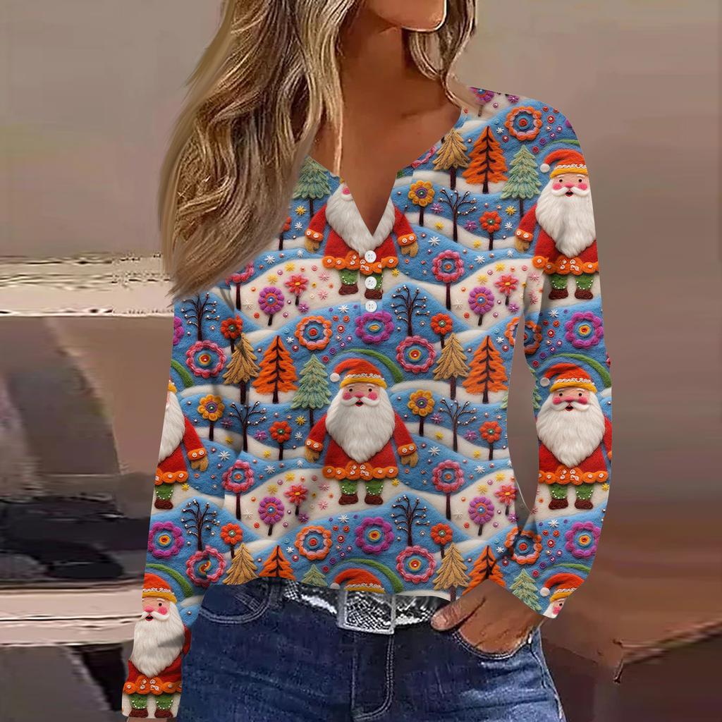 Women's Fashion Casual V-Neck Button-Up Long-Sleeve T-Shirt With Christmas Print Top