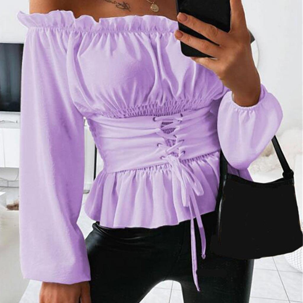 Модная женская однотонная рубашка без бретелек с длинными рукавами и рюшами на шнурке