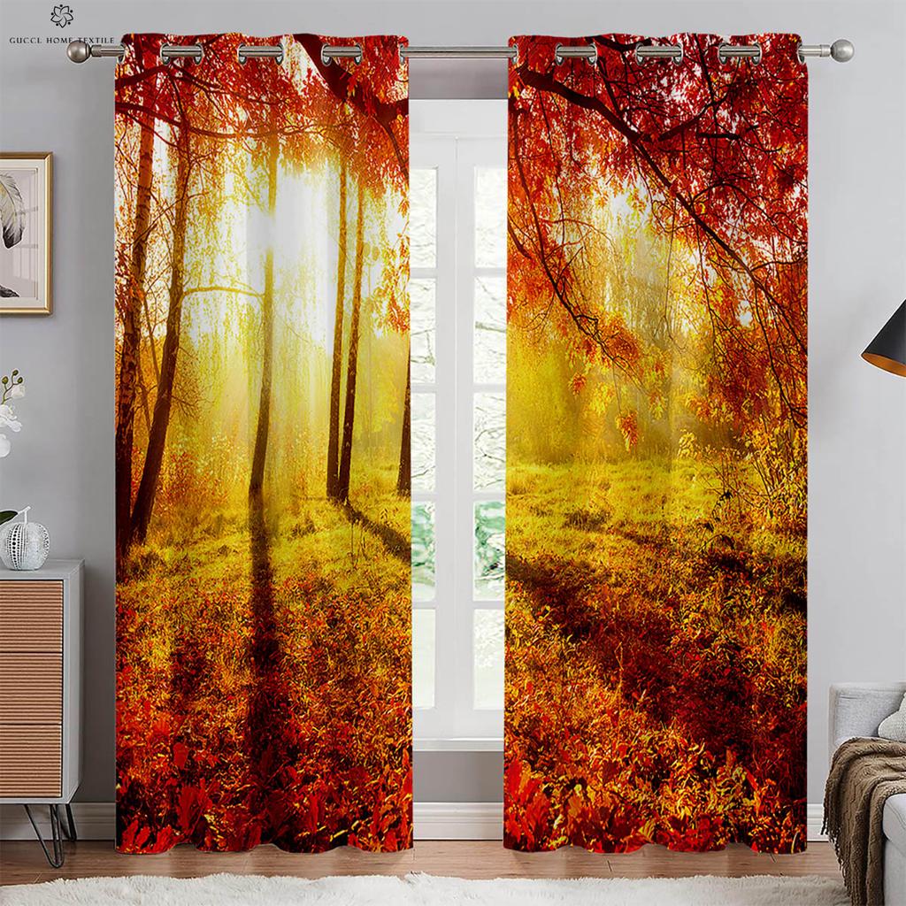 2 шт. Занавески с 3D-стереопечатью «Лесной пейзаж» на люверсах, 100% полиэстер, декоративные занавески для спальни, гостиной, кухни, окна
