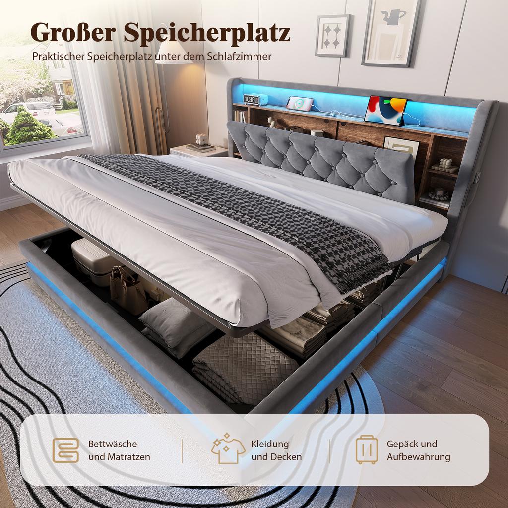 180 × 200 cm Upholstered Bed with Storage, Velvet Bed with Multifunctional Headboard, LED Lighting, 2 USB & Type-C Port, Hydraulic, Dark Gray